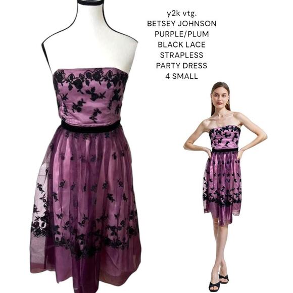 Y2K VINTAGE BETSEY JOHNSON PUPLE/PLUM BLACK LACE WHIMSYGOTH PARTY‎ DRESS S/XS - Picture 1 of 8